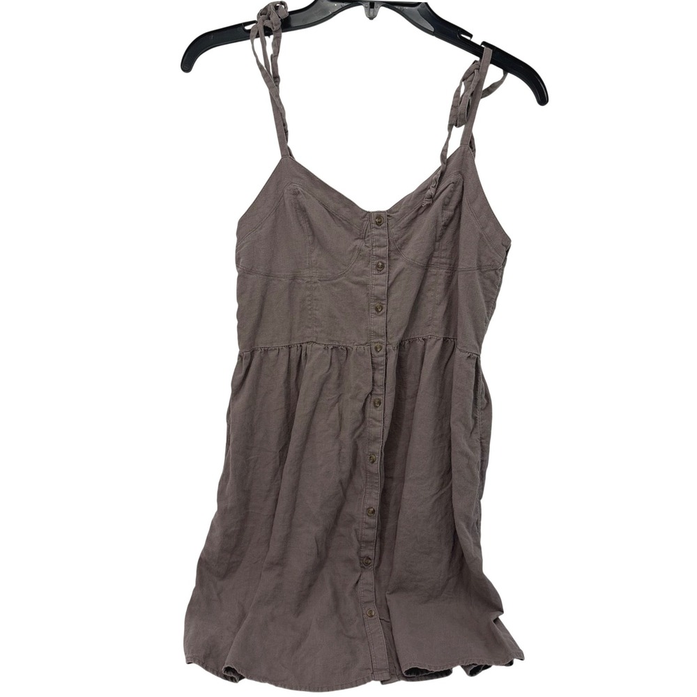 Aerie Womens Linen Blend Button Down Tie Strap Smocked Back Mini Dress Taupe M